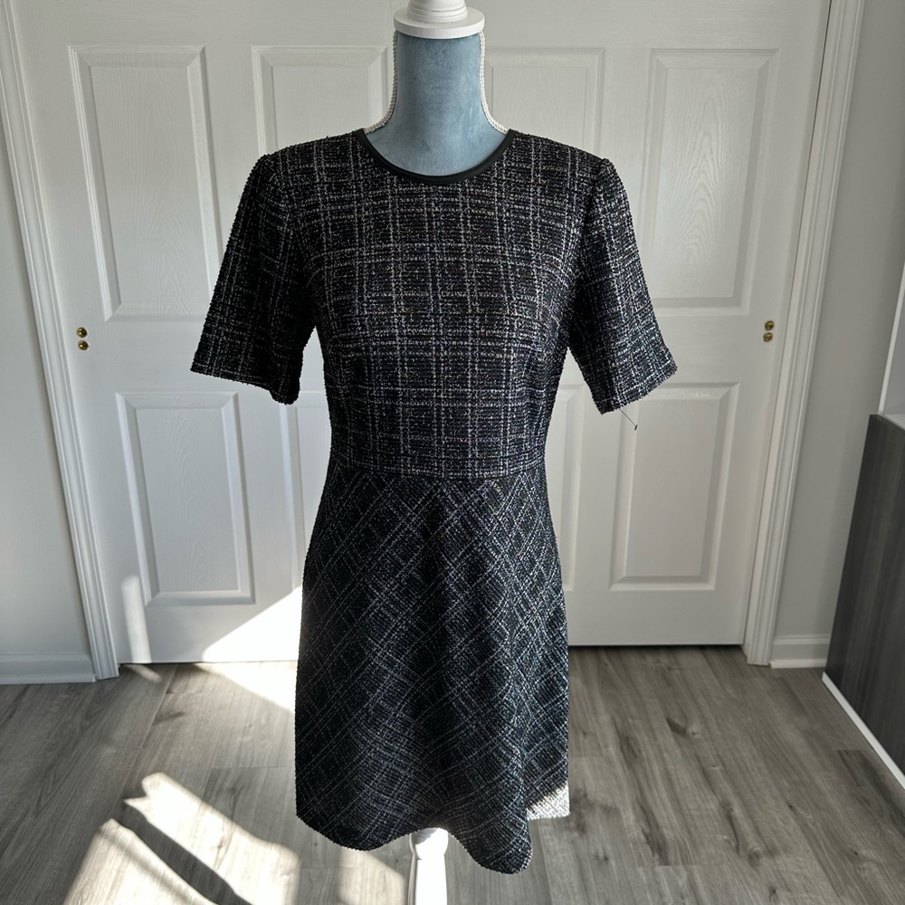 Calvin Klein Tweed Black Multi A Line Short Sleeve Dress Sz 8 Career Church Date